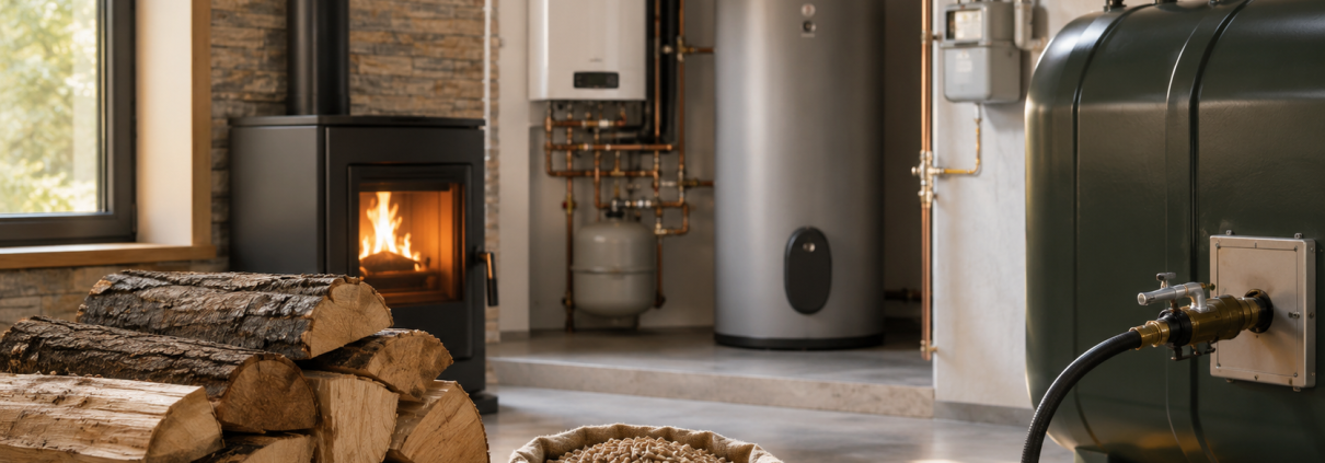 Différents combustibles de chauffage avec bois bûches pellets fioul et gaz dans une ambiance domestique chaleureuse