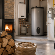 Différents combustibles de chauffage avec bois bûches pellets fioul et gaz dans une ambiance domestique chaleureuse