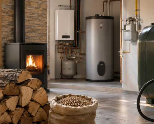 Différents combustibles de chauffage avec bois bûches pellets fioul et gaz dans une ambiance domestique chaleureuse